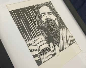 The Dude: ritratto intagliato e stampato a mano di Jeff Bridges che interpreta Lebowski nel classico film dei fratelli Coen del 1998