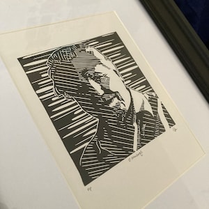 David Attenborough: Hand carved and hand printed portrait of the English biologist, natural historian and voice of natural documentaries