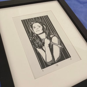 Buffy: Hand carved and printed portrait of Sarah Michelle Gellar playing Buffy the Vampire Slayer in the 1997 TV series