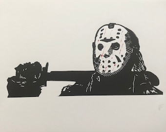 Jason Voorhees: A hand carved and printed portrait of the famous Friday the 13th horror slasher.