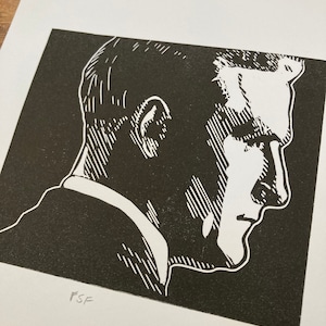Hand carved and hand printed portrait of F Scott Fitzgerald, author of The Great Gatsby.