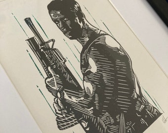 Hand Printed Dutch Predator Portrait: Arnold Schwarzenegger A5 Art