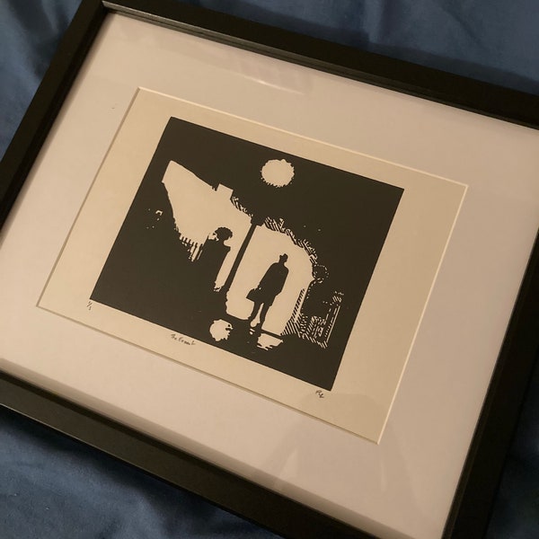 The Exorcist: Hand carved and hand printed scene from the classic 1973 film directed by William Friedkin, starry Max Von Sidow