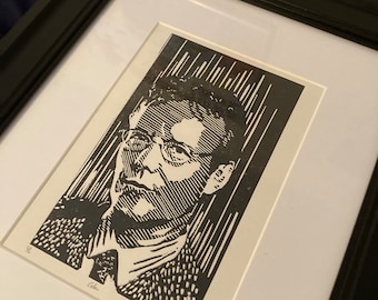 Rupert Giles: Hand carved and hand printed portrait of Buffy the Vampire Slayer’s Watcher, played by Anthony Stewart Head.
