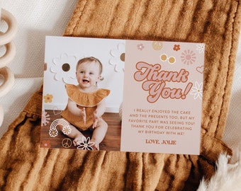 Thank You Card | Retro Birthday Thank You Note Card with Photo, Groovy Thank You Card | Printable DIY or Printed Cards 3.5x5"