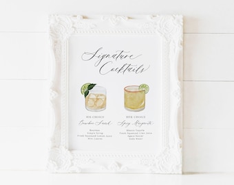 Custom Signature Cocktails Sign, Watercolor Cocktail Sign, Drink Menu | Printed or Digital Sign | Size: 8x10"