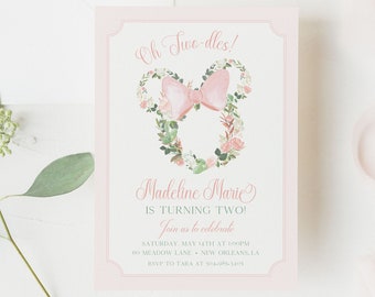 PRINTED Oh Twodles Birthday Invitation, Second Birthday Invitation, Floral, Garden Party, Minnie Mouse Invitation | Printed Cards