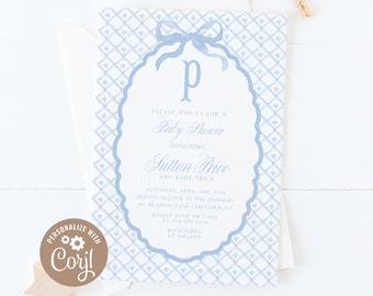 DIGITAL DOWNLOAD | Baby Boy Classic Monogram Shower Invitation, Boy Baby Shower Invites | Printable DIY, Corjl