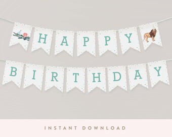 Bannière d'anniversaire fêtards, bannière personnalisable alphabet et chiffres de A à Z avec animaux | Bannière imprimable DIY, téléchargement immédiat