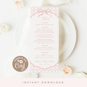 DIGITAL DOWNLOAD | Classic Pink Baby Shower Menu Cards, Slim Menu Cards, Customizable, 4" x 9" Menu | Printable DIY, Corjl