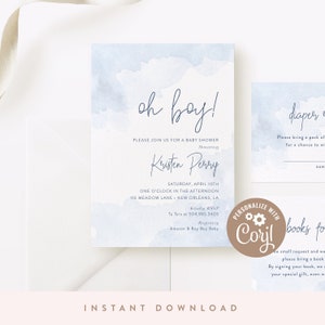 DIGITAL DOWNLOAD | Oh Boy Baby Shower Invitation, Boy Baby Shower Invites, Blue Watercolor | Printable DIY, Corjl