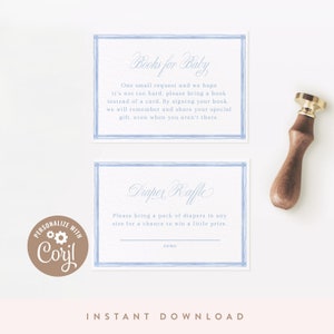 DIGITAL DOWNLOAD | Baby Boy Classic Baby Shower Invitation Insert, Books for Baby, Diaper Raffle, Customizable | Printable DIY, Corjl