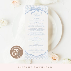 DIGITAL DOWNLOAD | Classic Blue Baby Shower Menu Cards, Slim Menu Cards, Customizable, 4" x 9" Menu | Printable DIY, Corjl