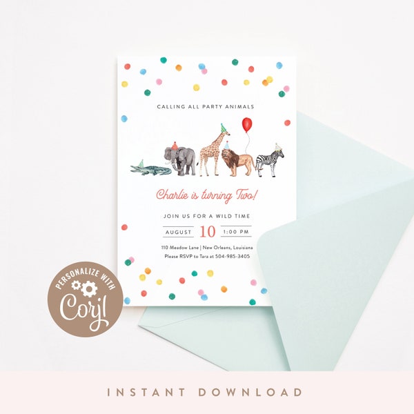 DIGITAL DOWNLOAD | Party Animals Birthday Invitation, Party Animals Invitation | Printable DIY, Corjl