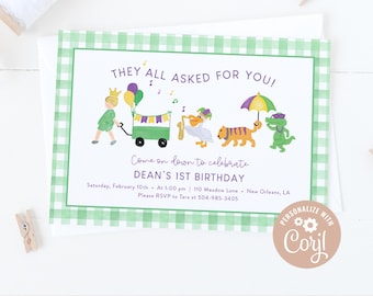 May include: A green and white checkered invitation with a purple and gold illustration of a parade with a marching band, a tiger, a pelican, and a green alligator. The text reads "They all asked for you! Come on down to celebrate Dean's 1st Birthday. Saturday, February 10th. At 1:00 pm. 110 Meadow Lane. New Orleans, LA. Please RSVP to Tara at 504-985-3405. Personalize with Coryl."