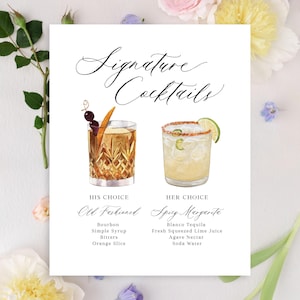 K&ouml;nnte beinhalten: Eine wei&szlig;e, rechteckige Men&uuml;karte mit der &Uuml;berschrift Signature Cocktails und Aquarellillustrationen zweier Getr&auml;nke. Das linke Getr&auml;nk ist ein Old Fashioned mit Bourbon, Sirup, Bitters und Orange. Rechts ist eine Spicy Margarita mit Tequila, Limette, Agave und Soda.