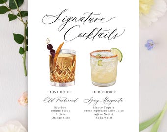 Custom Watercolor Signature Cocktails Sign, Drink Menu (Printed or Digital)