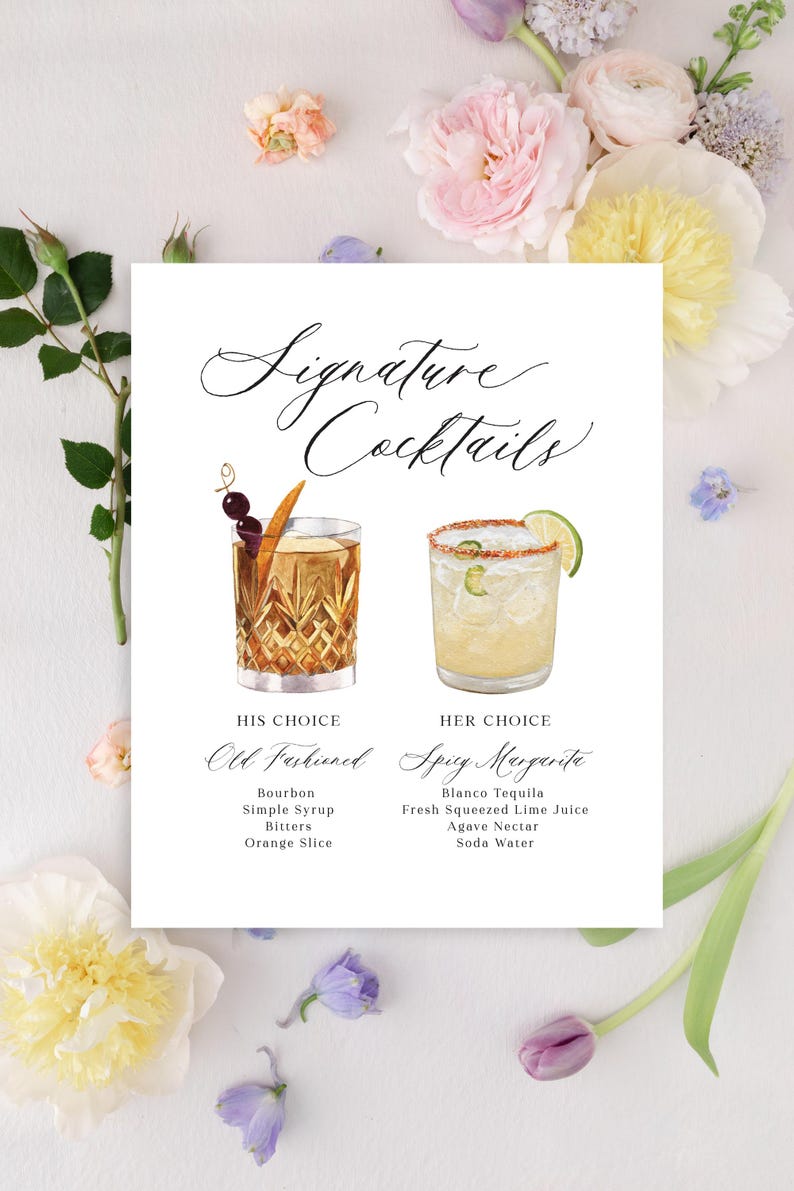 K&ouml;nnte beinhalten: Eine wei&szlig;e, rechteckige Men&uuml;karte mit der &Uuml;berschrift Signature Cocktails und Aquarellillustrationen zweier Getr&auml;nke. Das linke Getr&auml;nk ist ein Old Fashioned mit Bourbon, Sirup, Bitters und Orange. Rechts ist eine Spicy Margarita mit Tequila, Limette, Agave und Soda.
