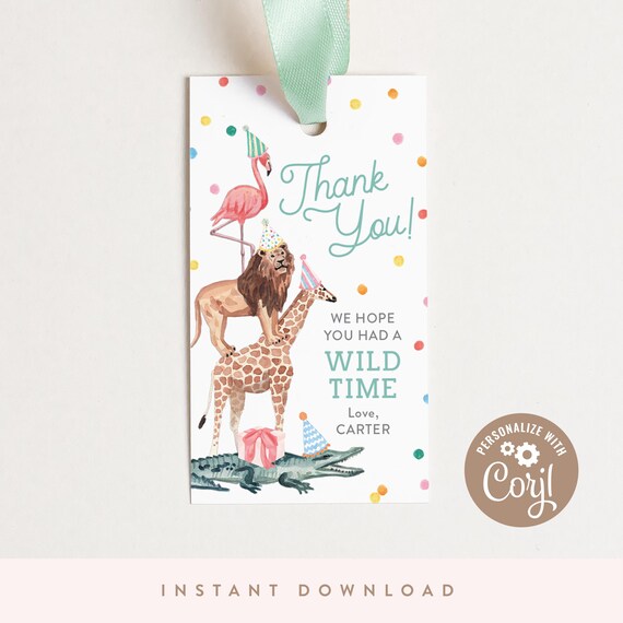 DIGITAL DOWNLOAD | Party Animals Birthday Favor Tags | 2" x 3.5" Tag | Printable DIY, Corjl