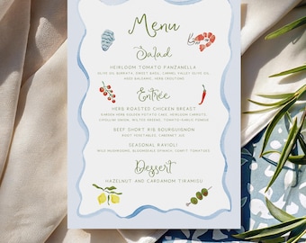 Wavy Watercolor Menu Cards with Illustrations | Wavy Border, Customizable Menus, Printed Menus 5x7