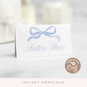 DIGITAL DOWNLOAD | Blue Bow Folded Place Cards, Baby Shower Food Tent Card, 2" x 3.5" Folded Card | Printable DIY, Corjl
