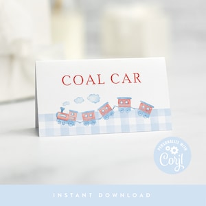 DIGITAL DOWNLOAD | Train Birthday Food Card, Birthday Food Tent Card, 2" x 3.5" Folded Card, Editable Train Birthday | Printable DIY, Corjl