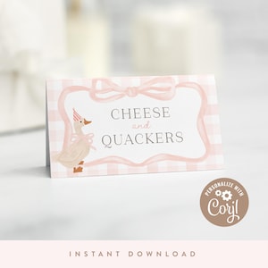 DIGITAL DOWNLOAD | One Silly Goose Birthday Food Cards, Pink Gingham Birthday Food Tent Card, 2" x 3.5" Folded Card | Printable DIY, Corjl