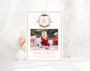 Monogram Crest Holiday Card | Classic Holiday Card with Watercolor Crest | Printable DIY or Printed Cards