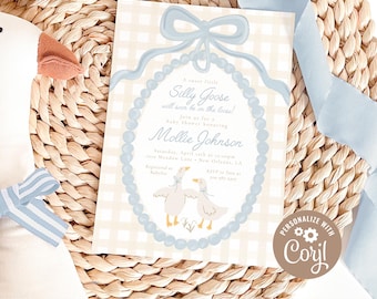 DIGITAL DOWNLOAD | Silly Goose Baby Shower Invitation, Silly Goose Invitation, Baby Boy, Blue | Printable DIY, Corjl, Instant Download