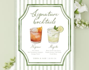 Classic Striped Watercolor Cocktail Menu Sign, Custom Drink Illustration (8x10) (Printed or Digital Sign)
