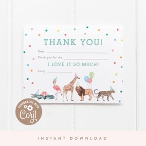 DIGITAL DOWNLOAD | Thank You Card | Party Animals Birthday, Fill in the Blanks Birthday Thank You Note Card | | Printable DIY, Corjl