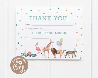 DIGITAL DOWNLOAD | Thank You Card | Party Animals Birthday, Fill in the Blanks Birthday Thank You Note Card | | Printable DIY, Corjl
