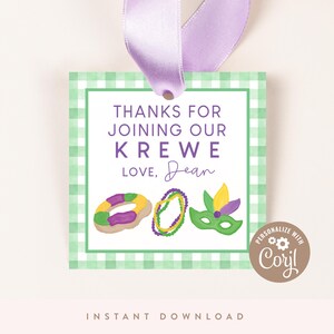 DIGITAL DOWNLOAD | Mardi Gras Favor Tag | Mardi Gras Birthday Favor Tag, 2.75" Square Tags | Printable DIY, Corjl, Green