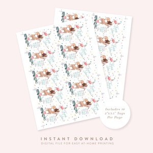 May include: Printable thank you tags featuring a watercolor illustration of a cheetah with a pink flamingo and a green alligator. The tags are decorated with confetti and the text "Thank You! You're making a wild time!"  Includes 10 2 x 3.5 inch tags per page.