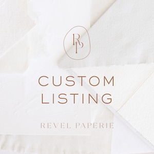 May include: A white background with a brown circle containing the letters "RP" in a script font. The text "CUSTOM LISTING" is below the circle in brown text. The text "REVEL PAPERIE" is below the text "CUSTOM LISTING" in brown text.