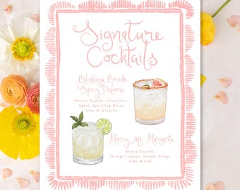 Custom Watercolor Cocktail Menu Sign, Whimsical Drink Illustration (8x10) (Printed or Digital Sign)