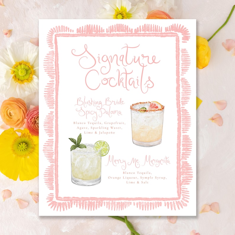 Custom Drink Menu, Whimsical, Watercolor Signature Cocktails Sign, Watercolor Cocktail Sign | Printed or Digital Sign | Size: 8x10"