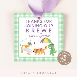 DIGITAL DOWNLOAD | Mardi Gras Krewe Favor Tag | Mardi Gras Birthday Favor Tag, 2.75" Square Tags | Printable DIY, Corjl, Green