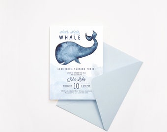 Whale Birthday Invitation, Under the Sea Invitation | Printable DIY or Printed Cards