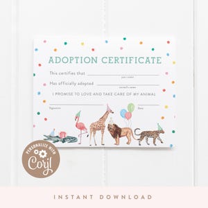 DIGITAL DOWNLOAD | Adoption Certificate | Party Animals Birthday, Fill in the Blanks Animal Adoption Cards | Printable DIY, Corjl
