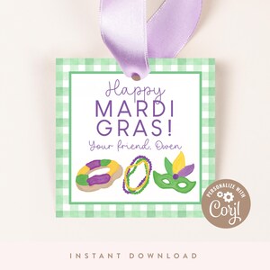 DIGITAL DOWNLOAD | Happy Mardi Gras Favor Tag | Mardi Gras Birthday Favor Tag, 2.75" Square Tags | Printable DIY, Corjl, Green