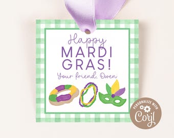 May include: Green and white checkered gift tag with the text "Happy Mardi Gras! Your friend, Owen" and illustrations of a purple and yellow donut, purple and green beads, and a purple and yellow mask.