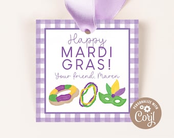 May include: Purple and white checkered tag with the text "Happy Mardi Gras!" and the words "Your friend, Maren". The tag features a purple, green, and yellow Mardi Gras mask, a string of beads, and a donut.