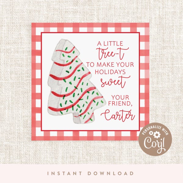 Red Christmas Tree Cake Favor Tag | Holiday Treat Tags/Favor Tags | Printable Template, Christmas Tag | Instant Download, Printable, Corjl