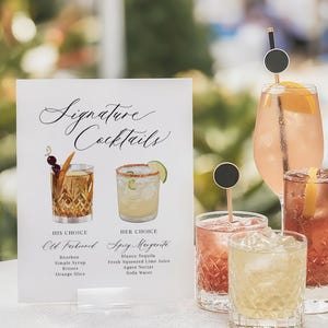 K&ouml;nnte beinhalten: Ein wei&szlig;es rechteckiges Schild mit der Aufschrift Signature Cocktails, Aquarellillustrationen eines Old Fashioned und einer Spicy Margarita sowie deren Zutaten. Daneben stehen drei Gl&auml;ser mit verschiedenen Cocktails.