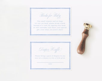 PRINTED INSERT CARD | Baby Boy Classic Monogram Shower Invitation Insert, Books for Baby, Diaper Raffle | Printed Cards