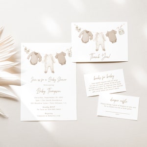 Neutral Baby Shower Invitation, Clothesline Baby Shower Invites, Baby Shower | Printed Cards