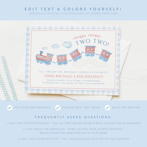 May include: A printable invitation for a second birthday party. The invitation features a watercolor illustration of a train with the text "Chugga. Chugga TWO TWO!" and the words "All aboard the birthday express to celebrate John Michael's 2nd birthday!" The invitation is decorated with a blue and white gingham pattern.