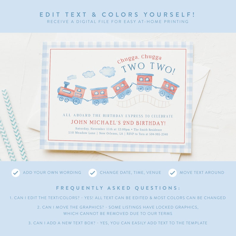 May include: A printable invitation for a second birthday party. The invitation features a watercolor illustration of a train with the text "Chugga. Chugga TWO TWO!" and the words "All aboard the birthday express to celebrate John Michael's 2nd birthday!" The invitation is decorated with a blue and white gingham pattern.