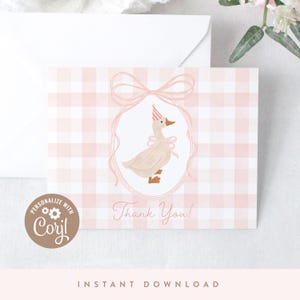 DIGITAL DOWNLOAD | One Silly Goose Birthday Thank You Cards, Pink Gingham Thank You Card, A2 Folded Card | Printable DIY, Corjl